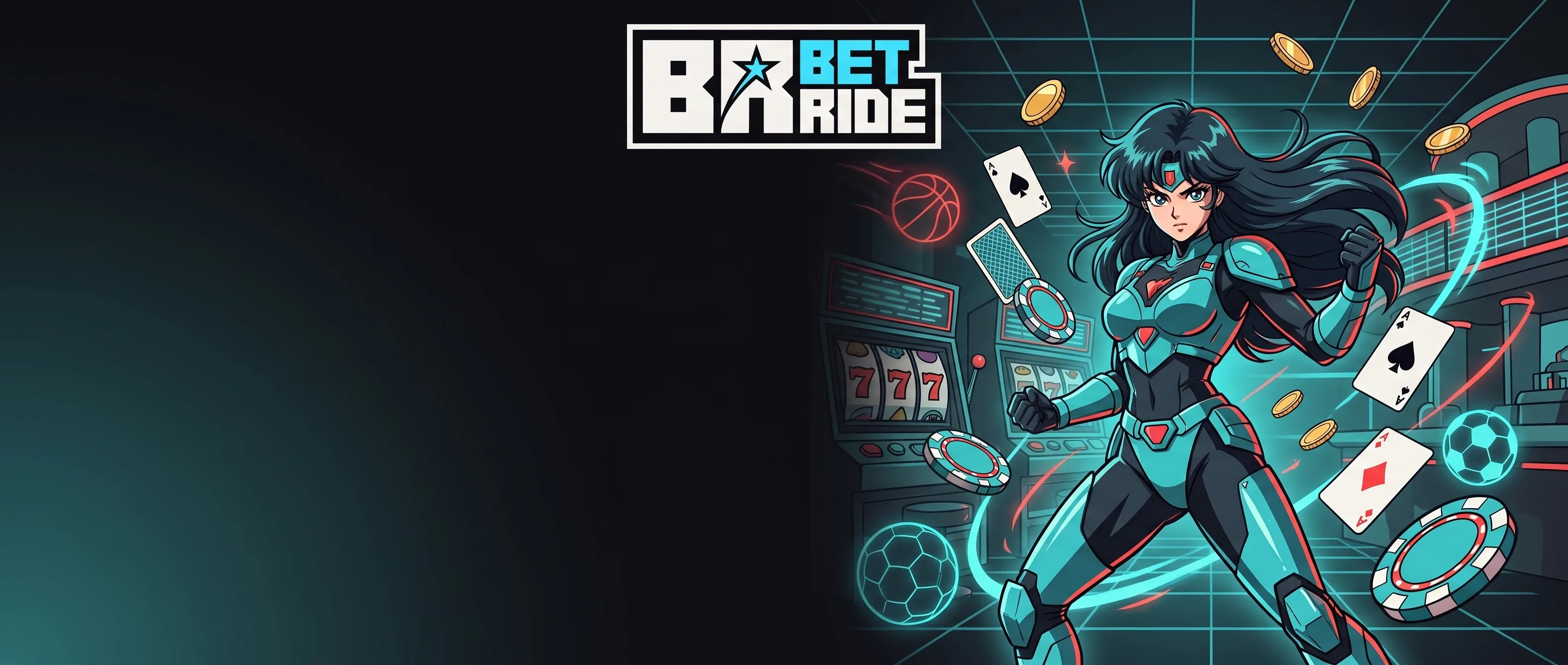 Betride Casino arcade illustration with cards, chips and a turquoise character